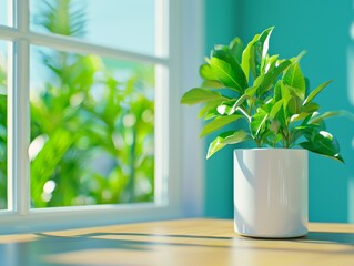Fototapeta premium A vibrant green plant in a white pot sits on a wooden table by a bright window, enhancing the fresh atmosphere.