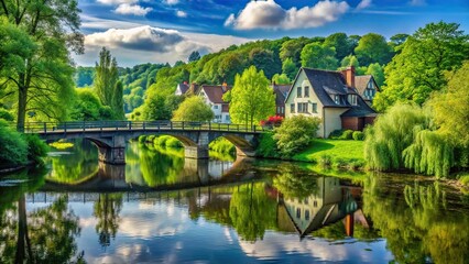 Scenic view of green trees, houses, river, and bridge