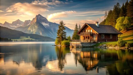 Fototapeta premium Scenic view of house by lake with mountains reflected in water