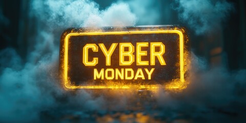 neon sign displaying cyber monday offer glowing in bright yellow with smoke background creating a vibrant and exciting atmosphere representing holiday shopping and discounts