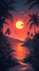 Obraz premium Sunset over a Tropical Lagoon with Palm Trees