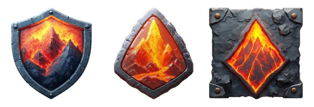 Fantasy Shields with Lava Design on Transparent Background
