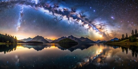 Scenic view of Milky Way reflected in mountain lake at night