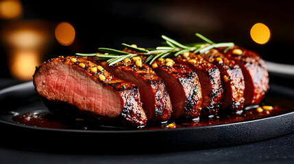 Succulent sliced steak garnished with fresh herbs on a sleek black plate, capturing the essence of gourmet dining.