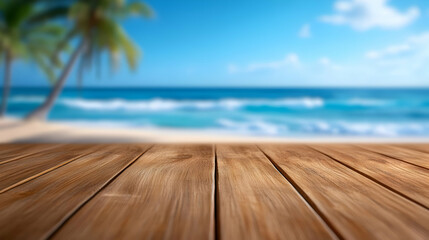 A serene beach view with a wooden deck in the foreground, vibrant blue ocean and sky, perfect for vacation vibes.