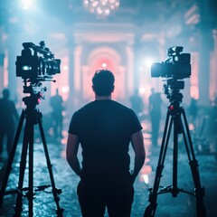 Fototapeta premium A cinematographer stands between two cameras, facing a misty, illuminated set, creating an atmosphere of anticipation and creativity.
