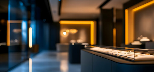 Elegant jewelry showroom with modern design and ambient lighting showcasing various jewelry pieces.