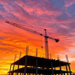 Fototapeta premium A silhouetted construction crane against a vibrant sunset sky creates a striking contrast of colors and industry in urban development.