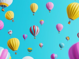 Obraz premium Colorful hot air balloons floating in a clear blue sky, creating a vibrant and joyful atmosphere.