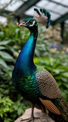 Fototapeta premium peacock in full display with iridescent tail feathers fanned out, surrounded by greenery.