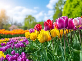 A vibrant display of colorful tulips in a sunlit garden, showcasing shades of yellow, purple, red, and pink.