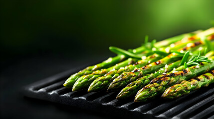 Grilled asparagus on a black grill with a vibrant green background.