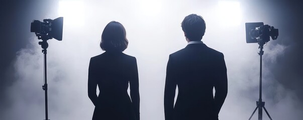 A dramatic silhouette of a man and woman standing under bright stage lights, suggesting a performance or cinematic moment.