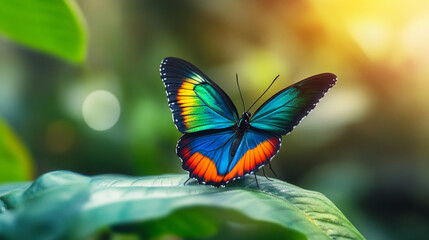 Colorful butterfly perched on a leaf during a sunny afternoon in a lush garden