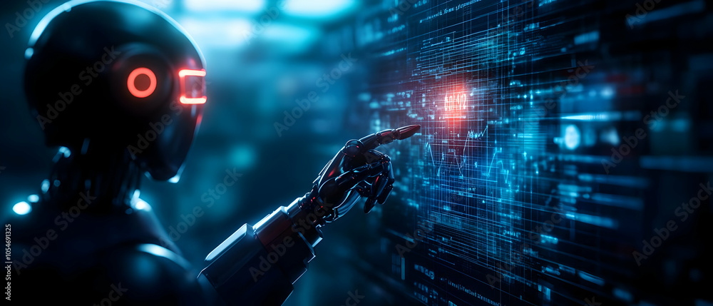 Poster futuristic robot interacting with digital interface in a high-tech environment.