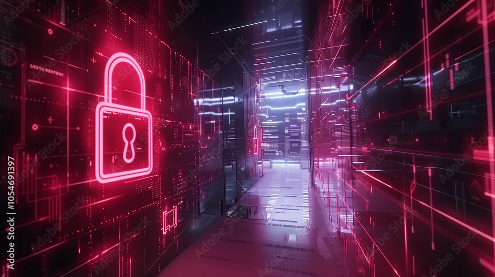 Poster data security breach digital system hacked internet cyber attack alert with red padlock virtual disp