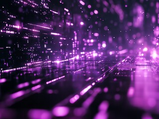 Fototapeta premium Abstract purple digital data flow with glowing particles and bokeh.