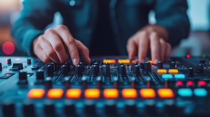 A close-up of hands adjusting knobs and buttons on a music mixer, capturing the essence of audio production and sound engineering.
