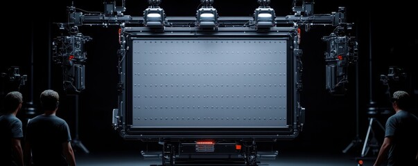 A dark, high-tech environment featuring a large screen framed by advanced machinery, with two individuals observing intently.