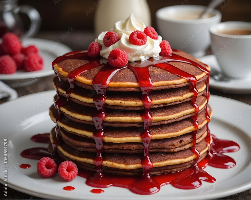 Wall mural stack of pancakes with red sauce and raspberries