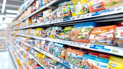 A well-stocked supermarket aisle with various packaged food items.