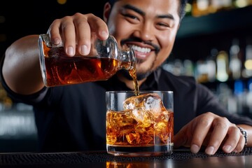 A bartender pouring whiskey into a glass with ice, capturing the warmth and rich colors as the liquid swirls, symbolizing craft and sophistication, symbolizing refinement and warmth