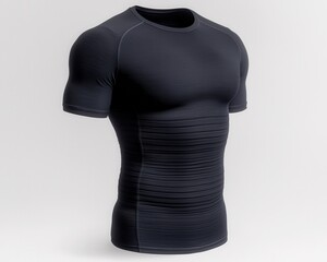 A fitted black athletic shirt designed for comfort and performance during workouts or sports activities.