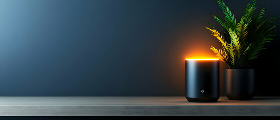 Modern lamp illuminating a space, paired with a vibrant green plant on a wooden table in a dimly lit environment.