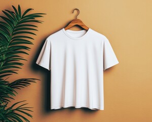 A plain white t-shirt hangs on a wooden hanger against a warm, earthy background, complemented by a green leafy plant.