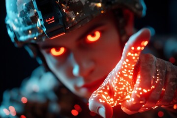 A high-tech military officer using advanced holographic maps and equipment in a futuristic command center, capturing the advanced strategies of future combat, symbolizing precision and leadership