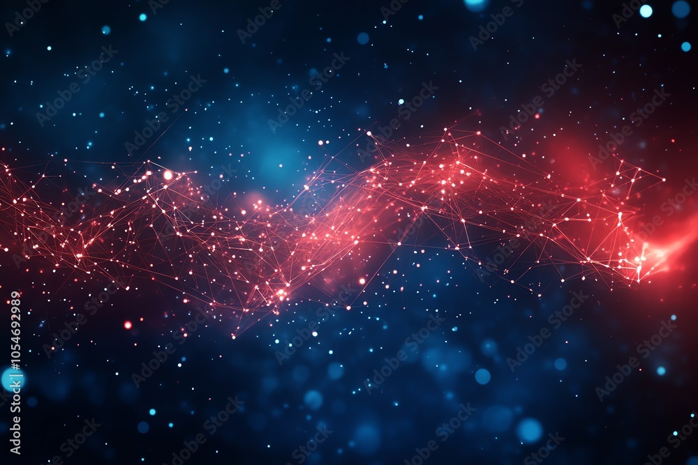 Poster abstract digital background with red and blue glowing lines and bokeh lights.