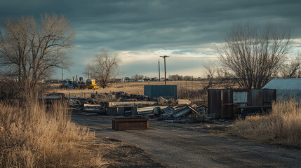 Fototapeta premium Abandoned industrial site with overgrown foliage and cloudy sky in rural area during late afternoon