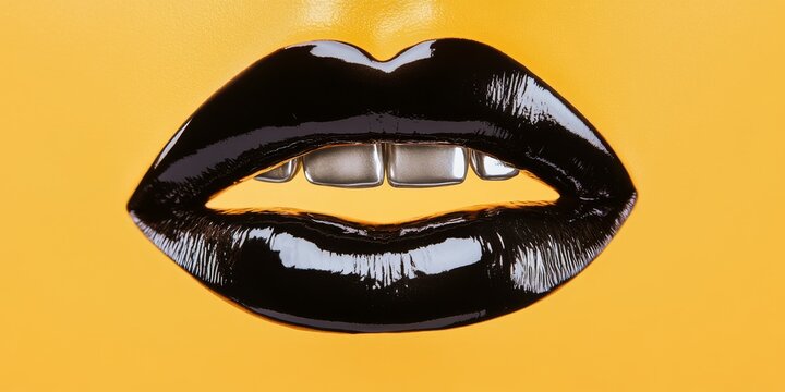 closeup of black lips with metallic copper tongue and silver teeth, for skincare, dentistry or imperfection related.