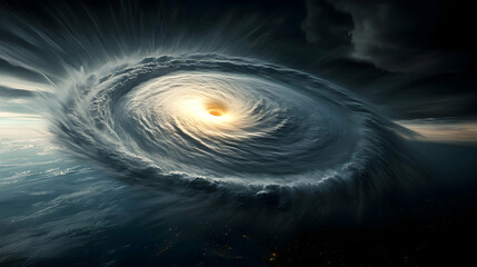 Powerful hurricane swirling over the ocean, dramatic cloud formations create a stunning visual spectacle.