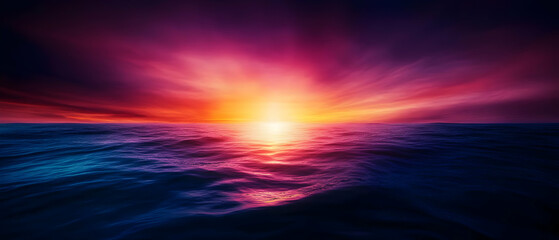 Obraz premium Vibrant sunset over calm ocean waters, showcasing an explosion of colors in the sky and reflections on the water.
