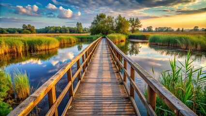 Naklejka premium Scenic view of the Cybina River valley in Poznan with a wooden bridge over a marshy area