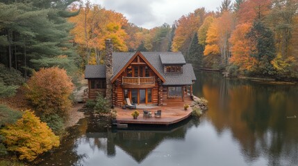 Obraz premium Cozy log cabin by a serene lake surrounded by autumn foliage.