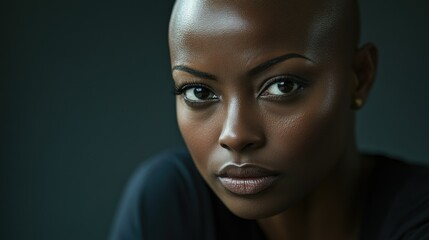 Portrait of a dark-skinned woman suffering from cancer after severe hair loss due to chemotherapy treatment