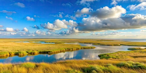 Scenic view of wide horizon and marshlands by the North Sea