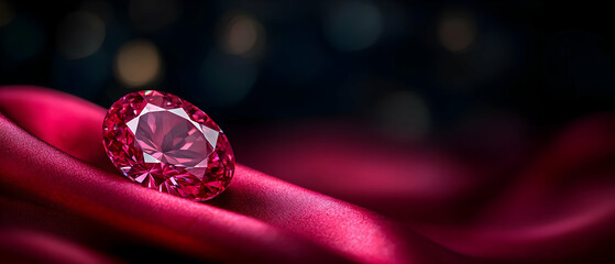 A stunning ruby gemstone resting on luxurious red fabric, capturing the elegance of precious jewels against a soft, dark background.