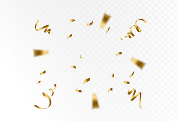 Fototapeta premium Gold confetti and ribbon streamers falling on a transparent background.Details. blurred,zoom efefct Vector 