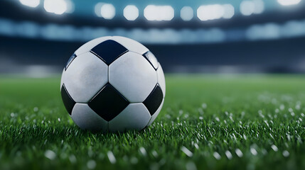 Fototapeta premium Close-up of a black and white soccer ball on a green field in a stadium, perfect for sports-related themes.