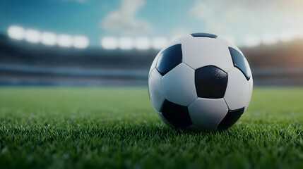 Fototapeta premium A close-up view of a soccer ball resting on lush green grass, with a stadium backdrop and a clear blue sky.