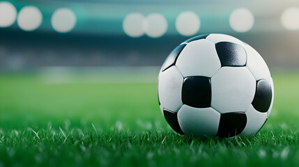 Fototapeta premium Close-up of a classic black and white soccer ball on green grass in a stadium setting.