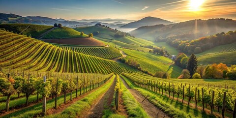 Fototapeta premium Scenic vineyards on rolling hills above valley with trees