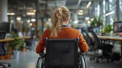 A wheelchair user engaged in work at a modern office with ample natural light during the day