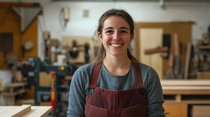 Portrait of modern carpenters working at woodworking factory, focus on young woman smiling at camera in foreground, copy space. 