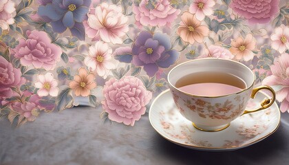 春の訪れを感じさせる花柄ティーカップとフローラルパターンの背景