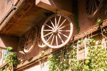 Old Wheels used as decorations in Kashgar Old Town, Xinjiang, China