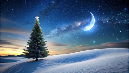 Naklejka premium Scenic winter landscape with Christmas tree under starry sky